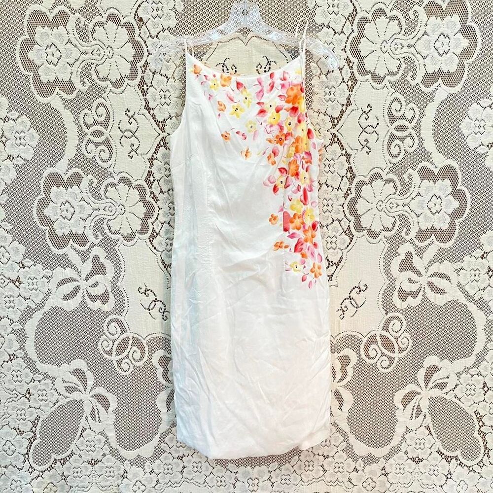 Liz Claiborne Women's 100% Silk White Watercolor Floral Midi Sheath Dress